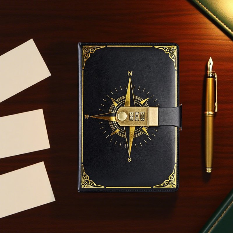Lockable Diary with Combination Lock & Compass Design - Faux Leather Journal for Secure Writing