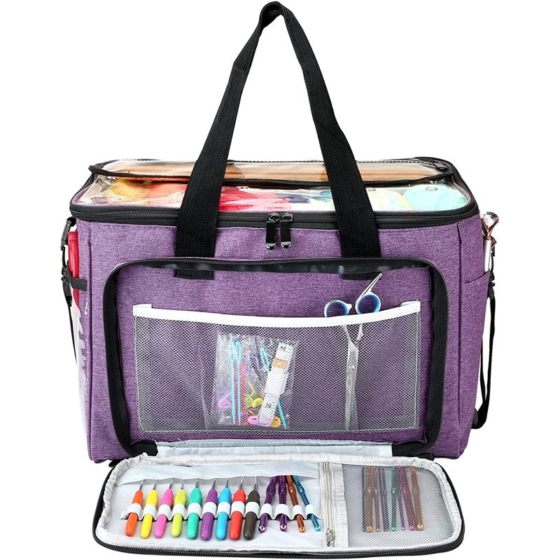Large Capacity Knitting & Yarn Storage Bag with Pockets - Purple