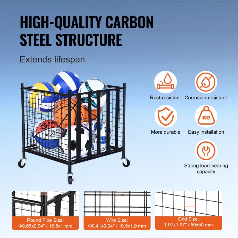 Sports Ball Storage Cart with Steel Frame, Portable & Large Capacity