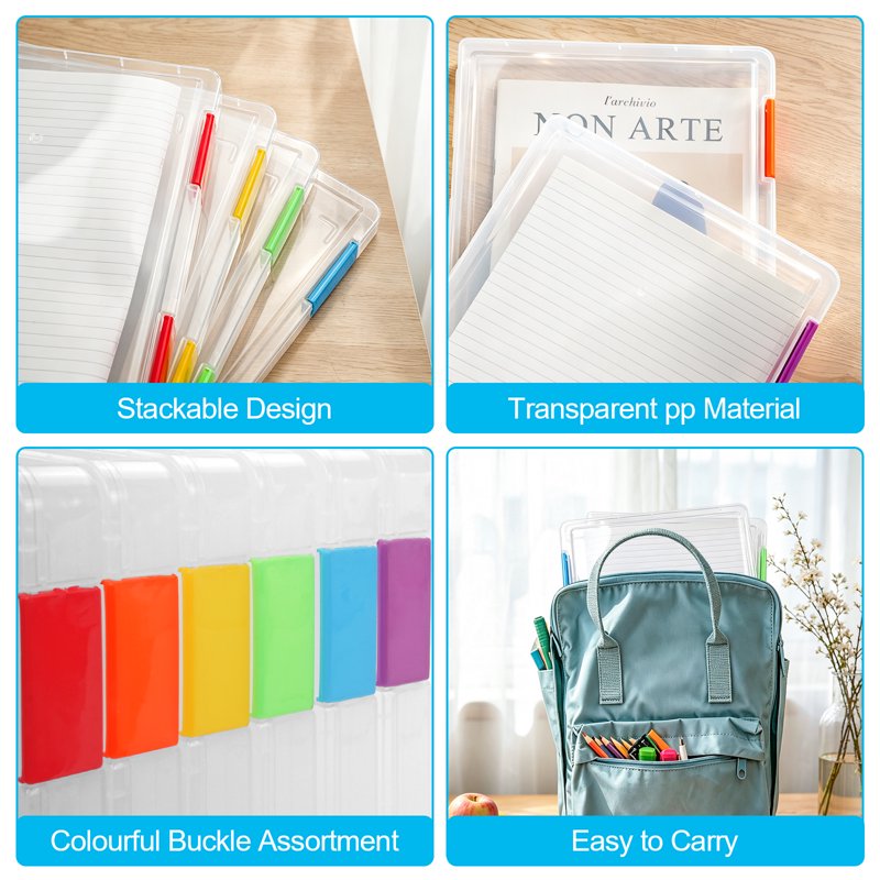 6 Pack A4 Plastic File Storage Boxes with Labels & Buckles - Clear Office & School Document Organizer