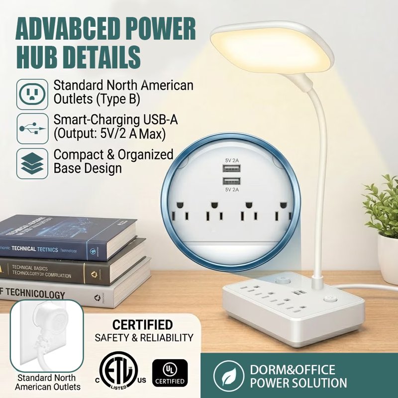 LED Desk Lamp with USB Charging & Power Outlets, 4ft Extension Cord, Adjustable Light