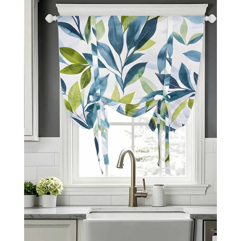 Teal Green Leaves Tie Up Window Curtain Valance with Thermal Insulation - Adjustable Rod Pocket Panel for Kitchen Bathroom Cafe