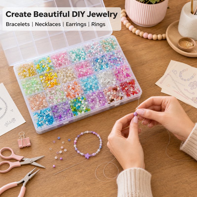 Glass Seed Beads Set with Storage Box - Assorted Pastel Tiny Beads for Jewelry Making