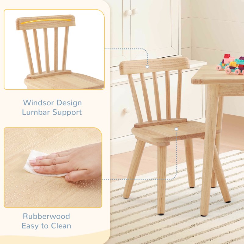 Kids Wooden Table and 4 Chairs Set - Natural Rubberwood Play Furniture with Non-Slip Legs