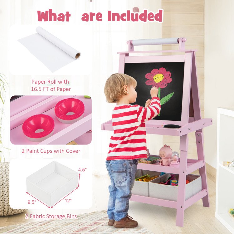 Kids Art Easel with Drawing Board & Paper Roll - 3-in-1 Double-Sided Craft Station for Study & Play