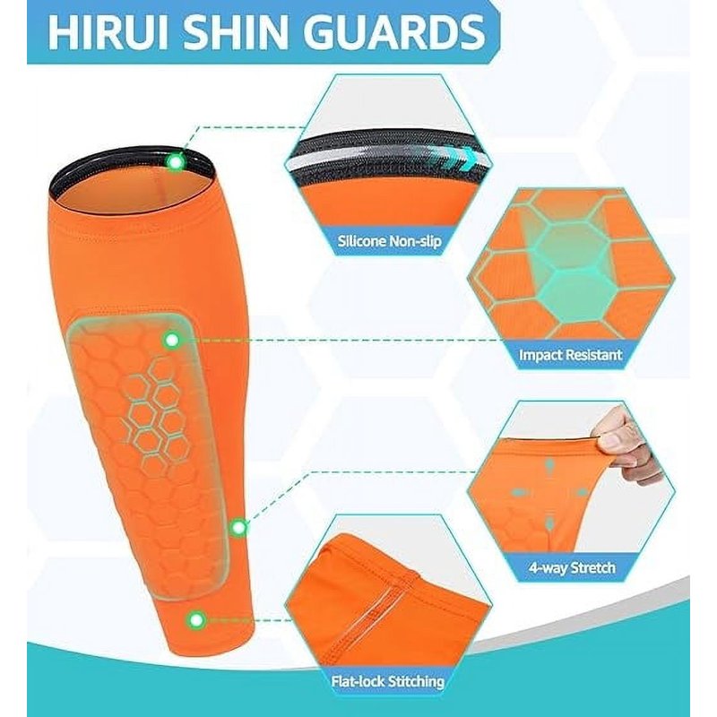 Shin Guards for Soccer Kids & Adults with Honeycomb EVA Padding - L Orange (1 Pair) - Calf Compression Sleeve