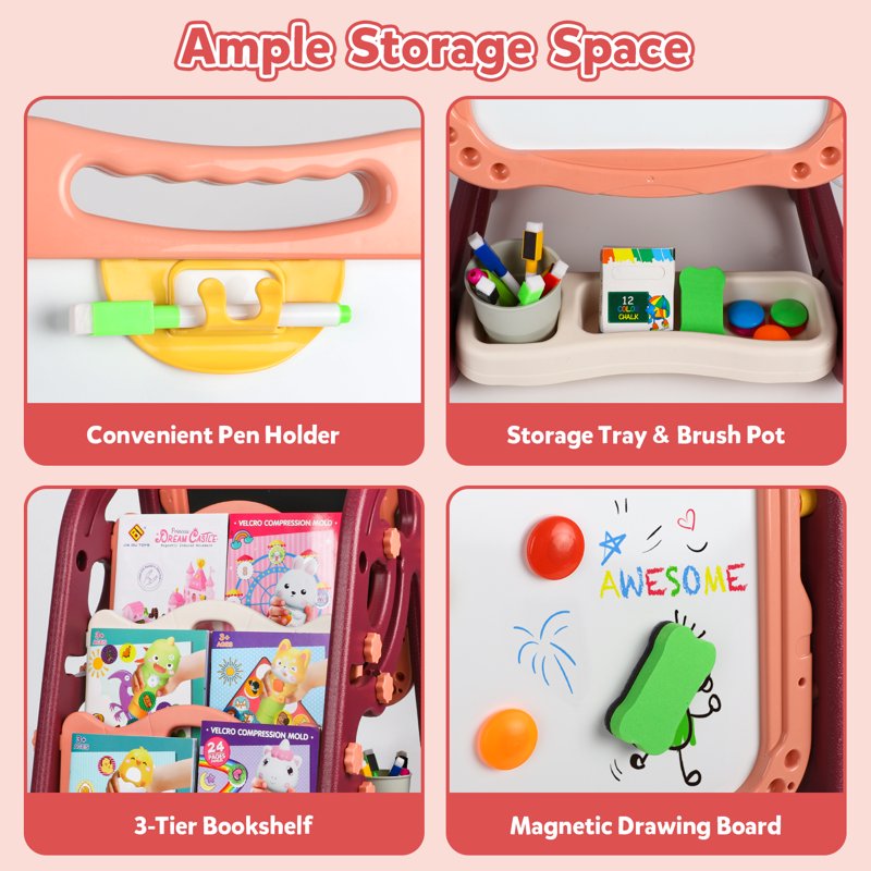 Kids Art Easel 3-in-1 Double-Sided Magnetic Whiteboard & Chalkboard, Adjustable Standing Toddler Art Desk