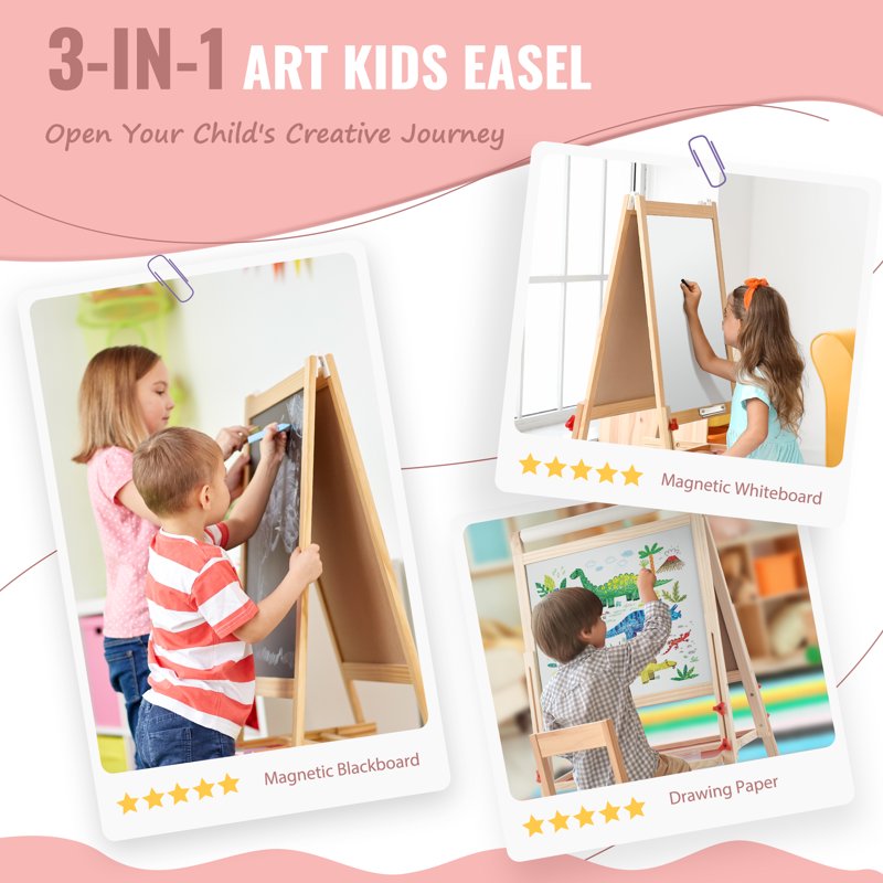 Adjustable Wooden Kids Art Easel with Paper Roll & Magnetic Whiteboard for Toddlers