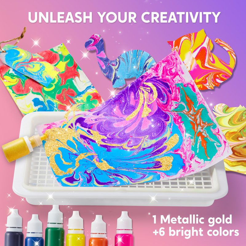 Kids Marbling Art & Craft Kit with 7 Paint Colors, Water Paint Set, Paper & Tools