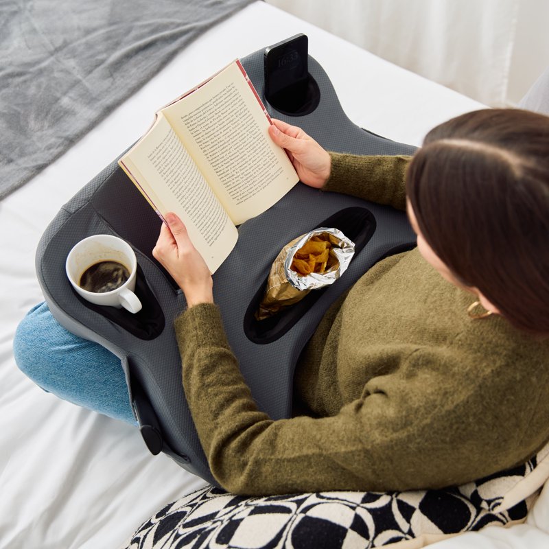 Gray 27-Inch Oversized Lap Desk Pillow with Cup Holder & Storage