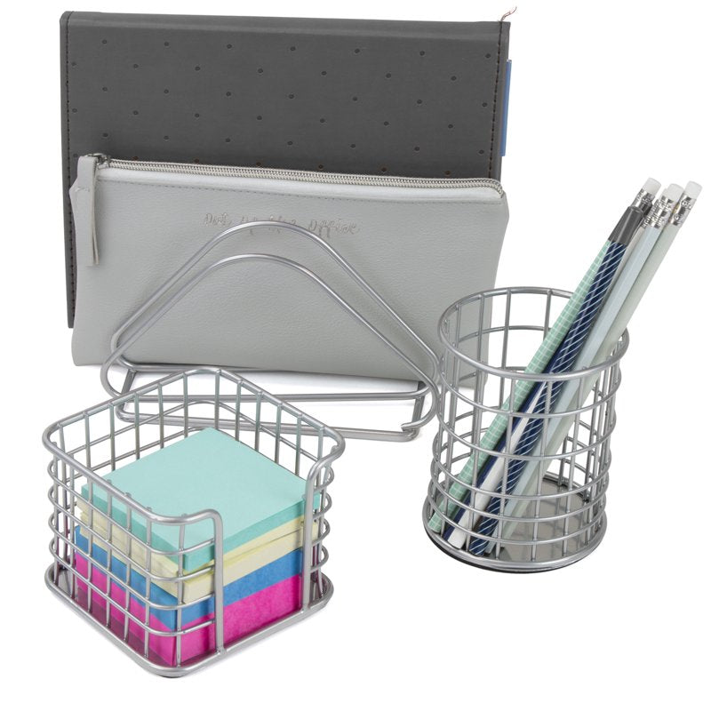 5-Piece Metal Desk Organizer Set - Silver Office Storage & Stationery Organizer