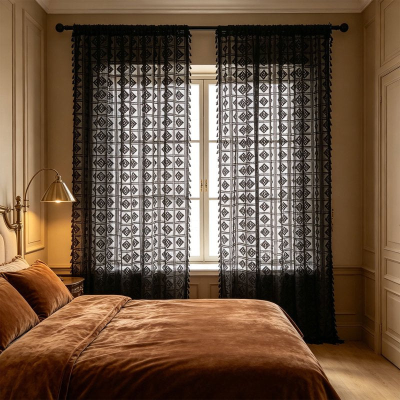 Black Sheer Embroidered Curtains 55x79 Inches Openwork Semi Shade Drapes