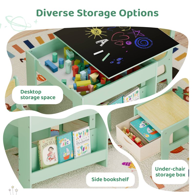 Kids Activity Table and Chair Set - Reversible Blackboard with Storage - Toddler Play Desk