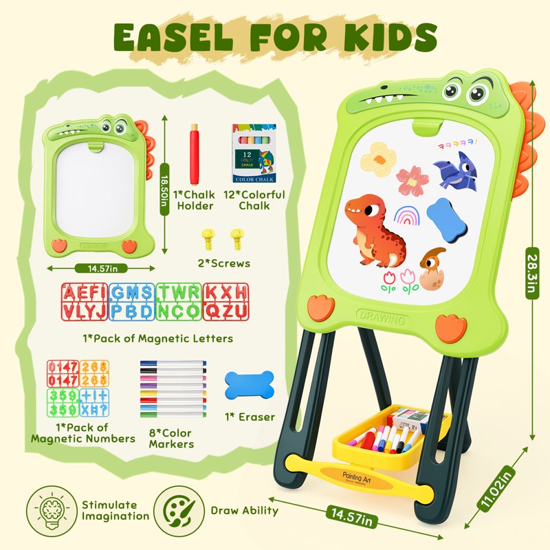 Kids Double-Sided Magnetic Whiteboard & Chalkboard Easel with Storage Tray - Dinosaur Design