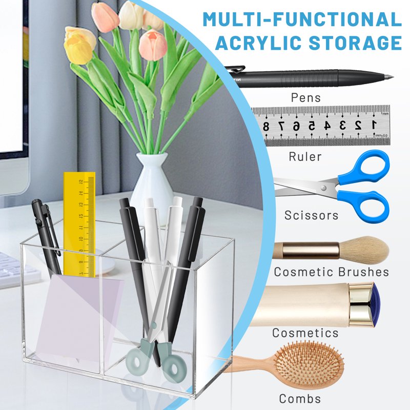 Clear Acrylic Pen & Makeup Brush Organizer with Multiple Compartments for Desk and Home