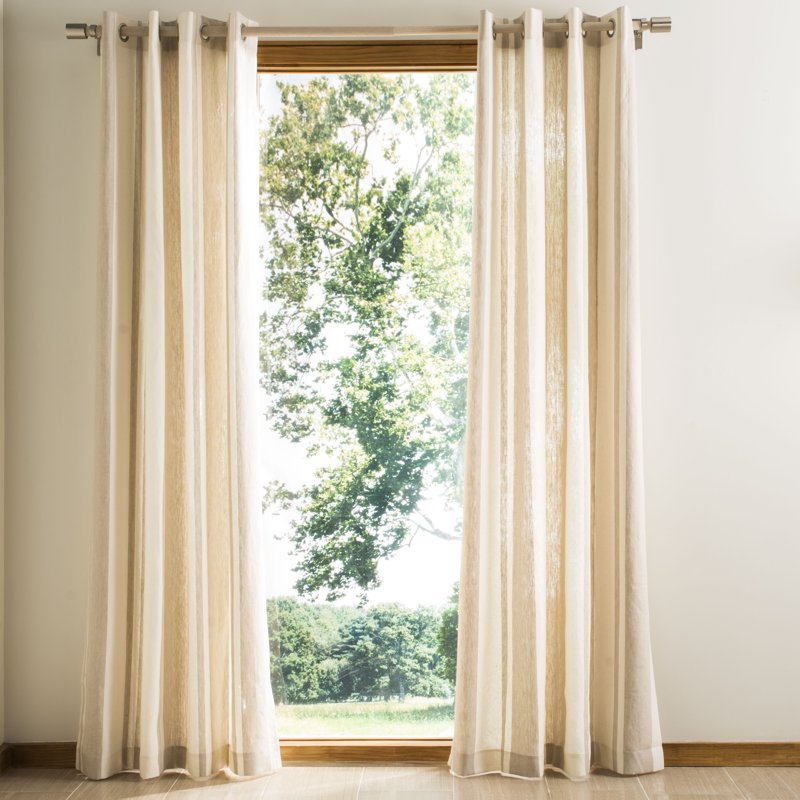 Semi-Sheer Linen Grommet Curtain Panel 52x96 Inches Natural White Stripe