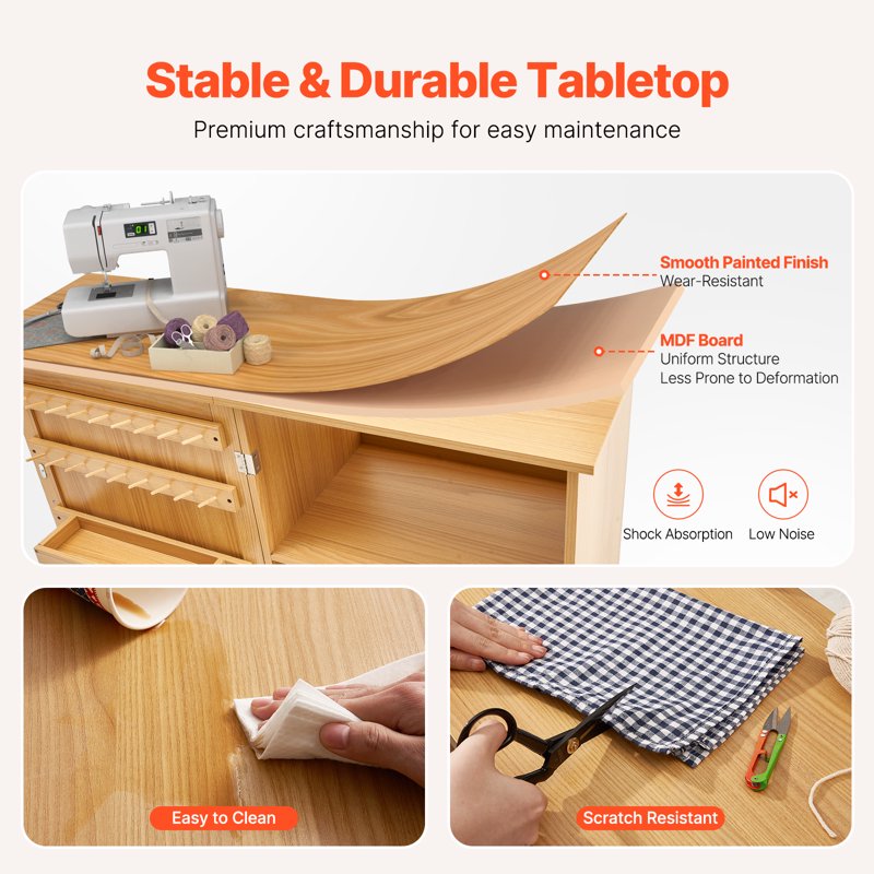 Folding Sewing Table with Storage Shelves and Wheels - Multi-Functional Craft Desk