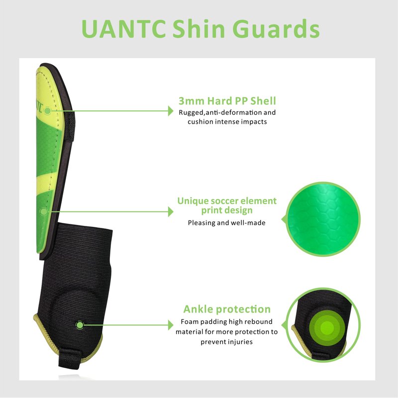 Shin Guards with Ankle Protection for Kids - Adjustable Straps, XS, Green (1 Pair)