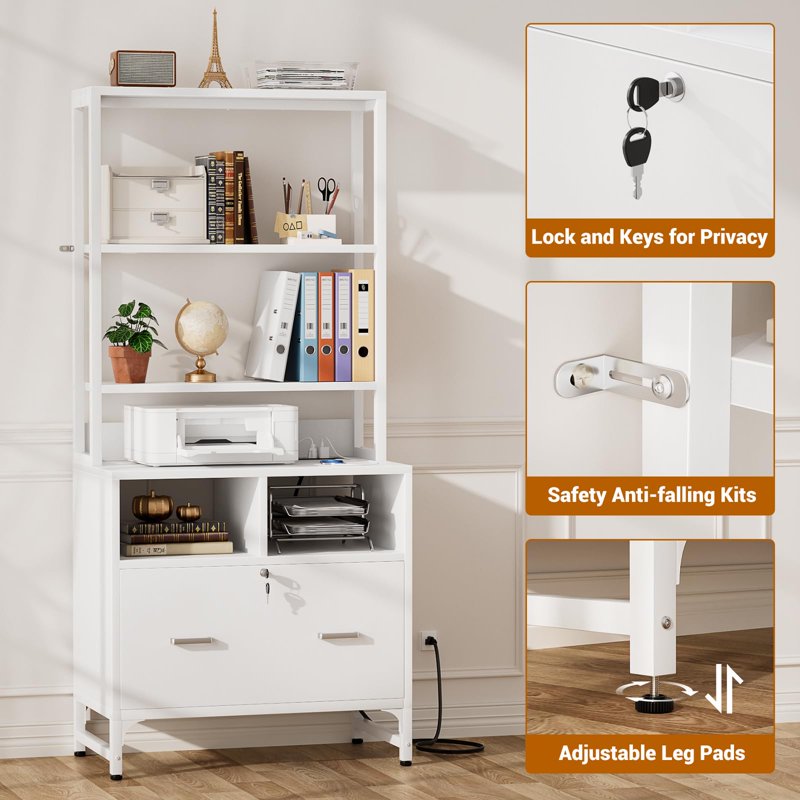 Vertical File Cabinet with Charging Station and Lock - Large Drawer for Letter A4 Legal Files, Home Office Storage, White