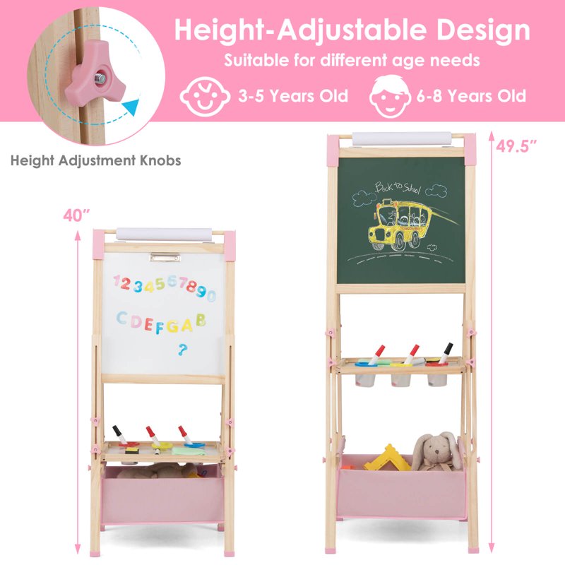 Kids 3-in-1 Wooden Art Easel with Magnetic Whiteboard & Chalkboard Pink