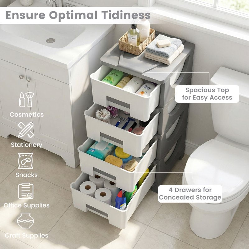 Plastic 4-Drawer Storage File Cabinet - Space-Saving Organizer for Bedroom & Office