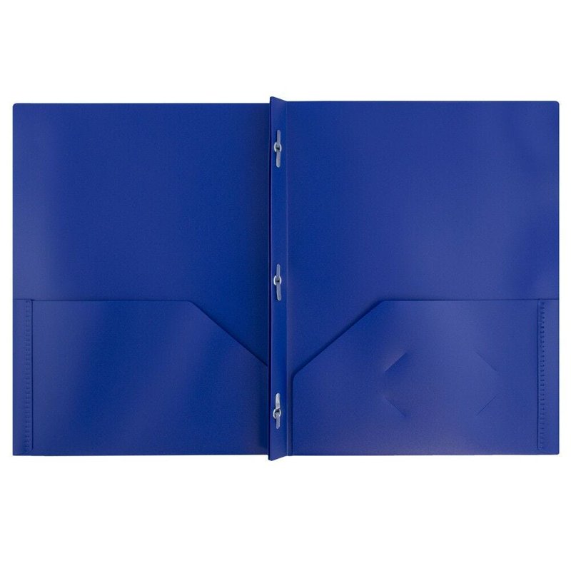 Blue Plastic 2-Pocket Folder with Metal Prongs & Business Card Slot, 3 Pack