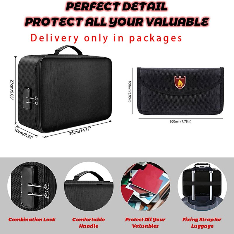 Fireproof Waterproof Document Safe with Lock and Money Bag Set