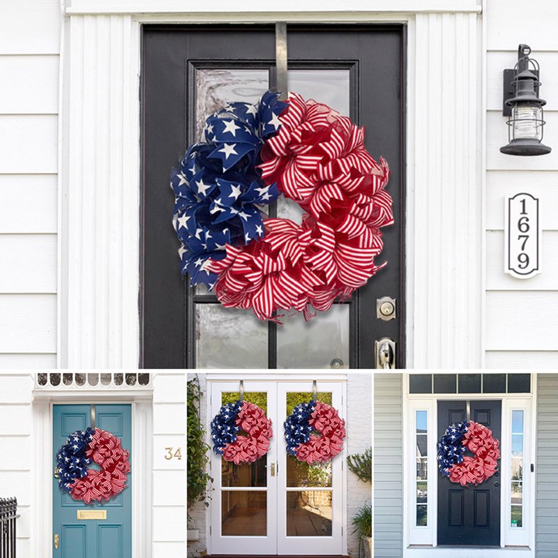 Patriotic Front Door Wreath with Red White Blue Ribbon Stars for Independence Day