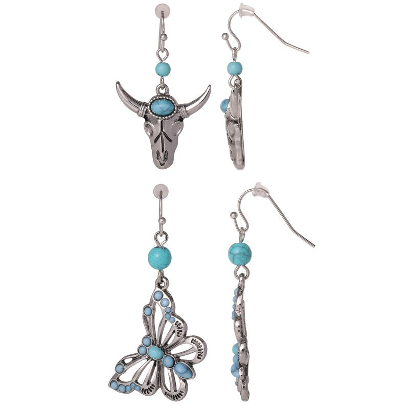 Jessica Simpson Women's Faux Turquoise Bull & Butterfly Dangle Drop Earrings Set - 2 Pairs