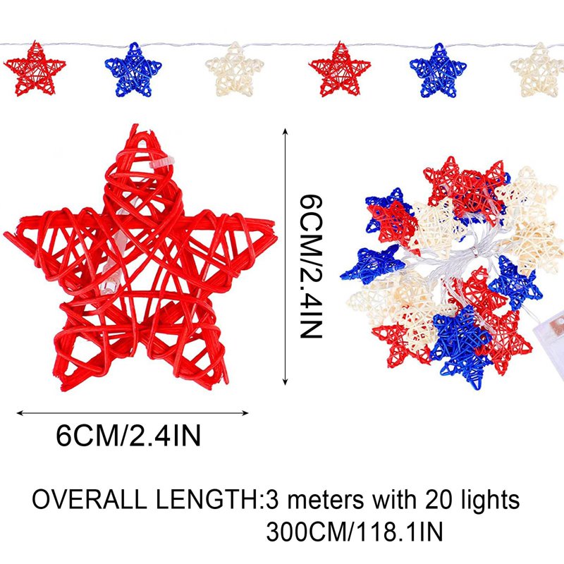 Patriotic Red White Blue Star String Lights - 10ft Outdoor Indoor Decor, 20 LEDs