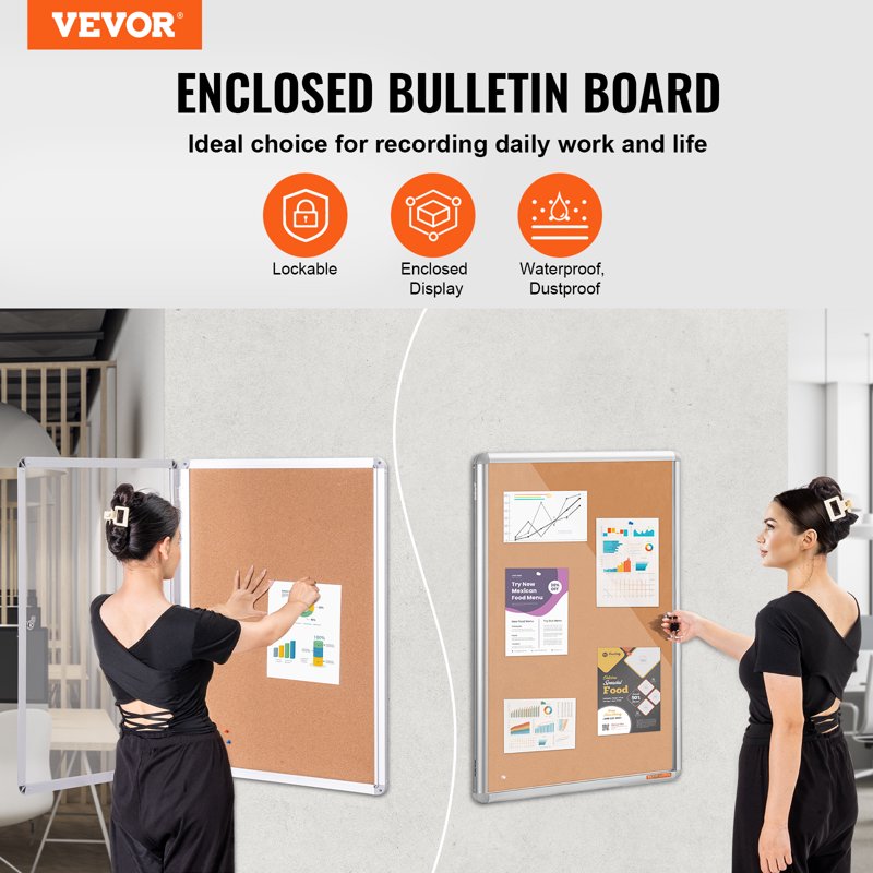 Lockable Enclosed Cork Board 36x24 Inches with Aluminum Frame for Office Home School