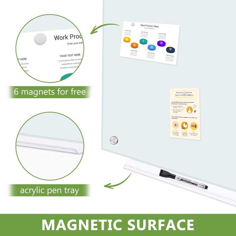 Magnetic Glass Dry Erase Whiteboard 24x18 Frameless Office & Home