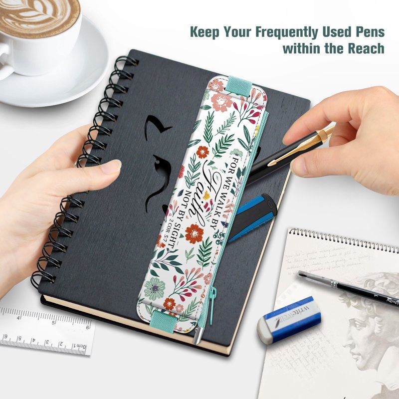 Elastic Pen Holder for Notebooks - Leather Pencil Pouch with Zipper & Elastic Band