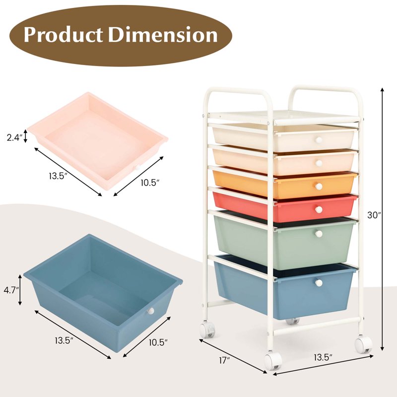 6-Drawer Rolling Storage Cart with Mesh Shelf for Office & Craft Supplies - White