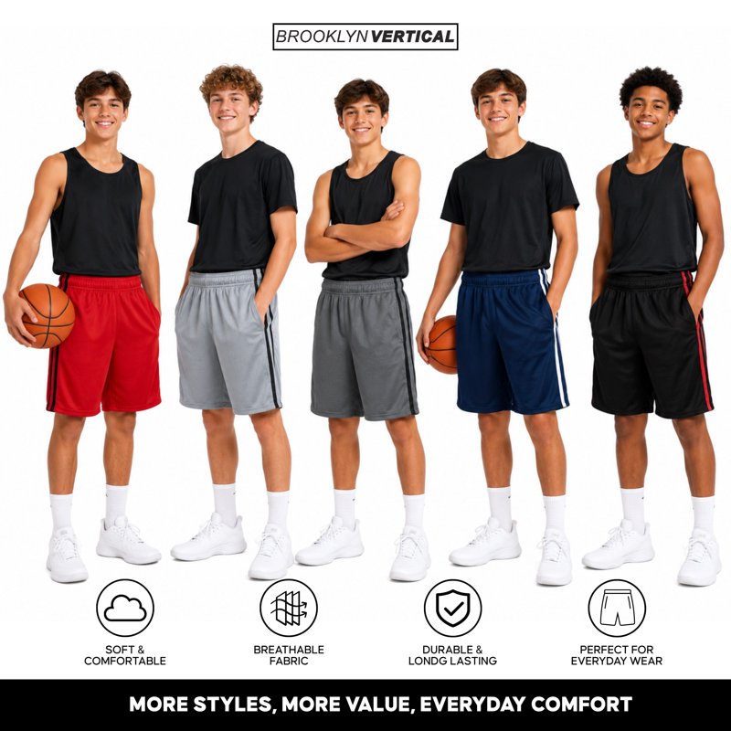 Kids Basketball Shorts 5-Pack Athletic Performance Mesh Shorts with Pockets