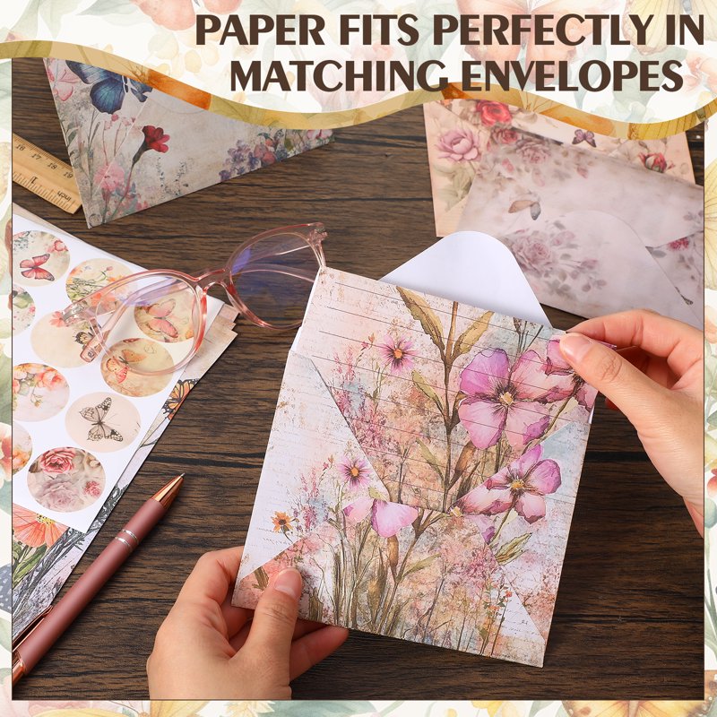 Watercolor Stationery Set with Envelopes and Seal - Floral & Butterfly Themes, 92 Pieces