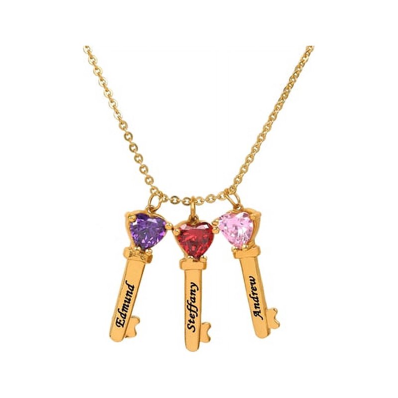 Personalized Family Key-Shaped Charm Pendant with Heart Birthstones