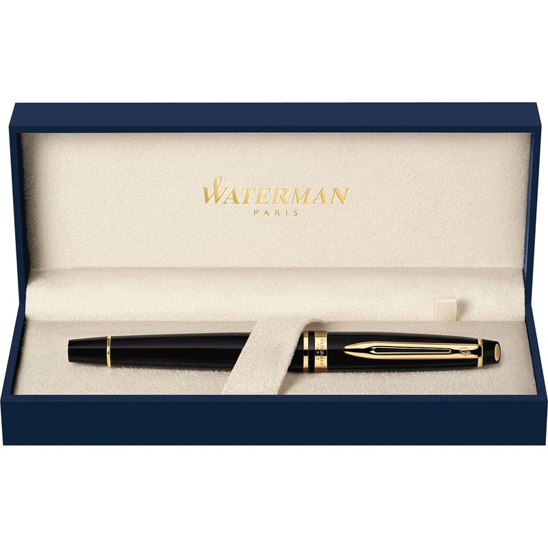 Waterman Expert Fountain Pen - Gloss Black with 23k Gold Trim - Medium Nib - Gift Box