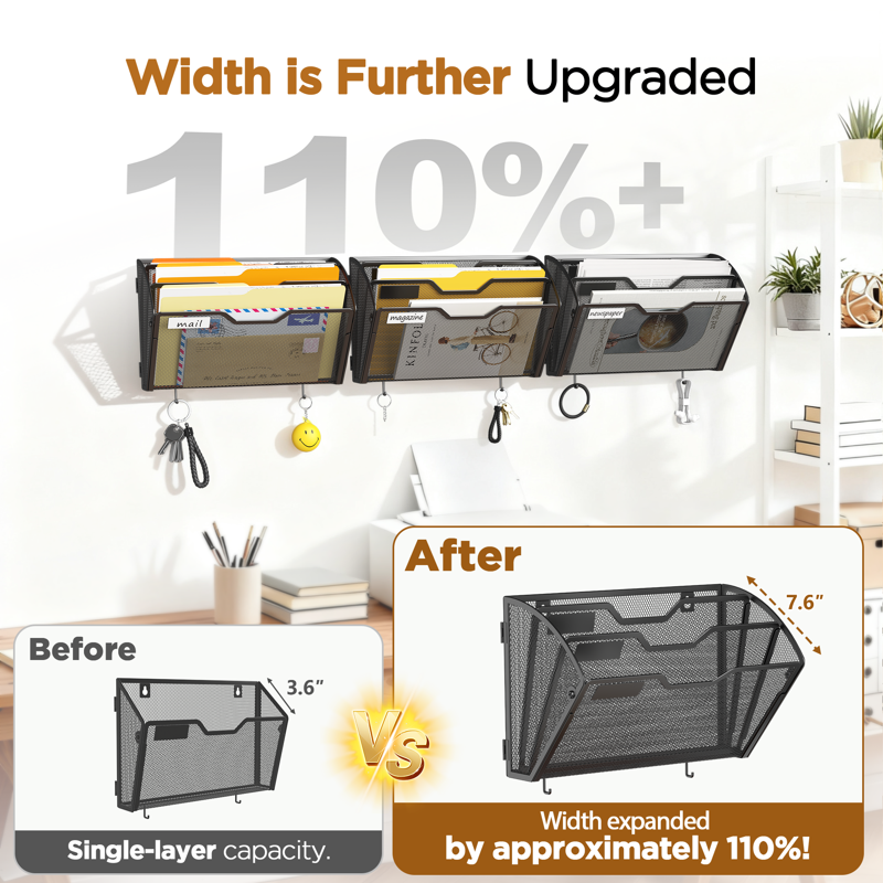 Wall File Organizer with Hooks - Large Capacity Mesh Paper Holder for Office and Home