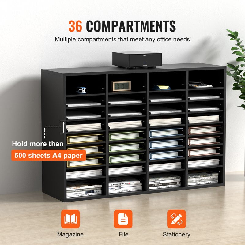 Wooden Document Storage Box with 36 Adjustable Compartments - Black