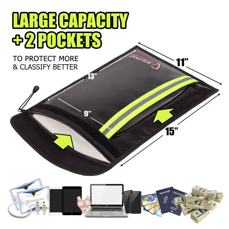 Fireproof Document Bag Waterproof & Fire Resistant 15x11 Inch with 2 Pockets