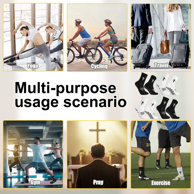 Hengguang 4-Pair Cross Grip Soccer Socks, US 7-11, Anti-Slip Training Socks - White & Black