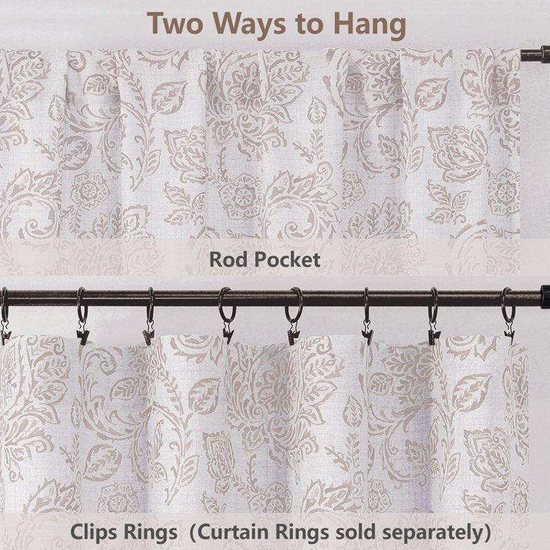 Farmhouse Taupe Floral Curtain Panels - 52W x 96L, 2-Pocket Rod Pocket Drape Set