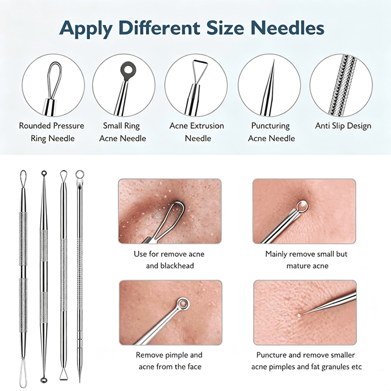 9-in-1 Blackhead Remover Tool Kit with Diagonal Tweezers - Stainless Steel