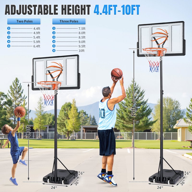 Portable Basketball Hoop System 44 Inch Height Adjustable Outdoor Goal with Shatterproof Backboard
