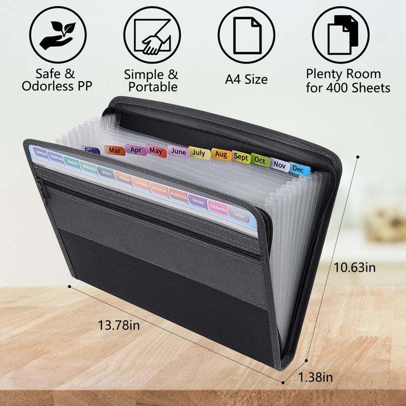 Expandable Plastic Accordion File Organizer with Zip Closure for Office and Document Storage