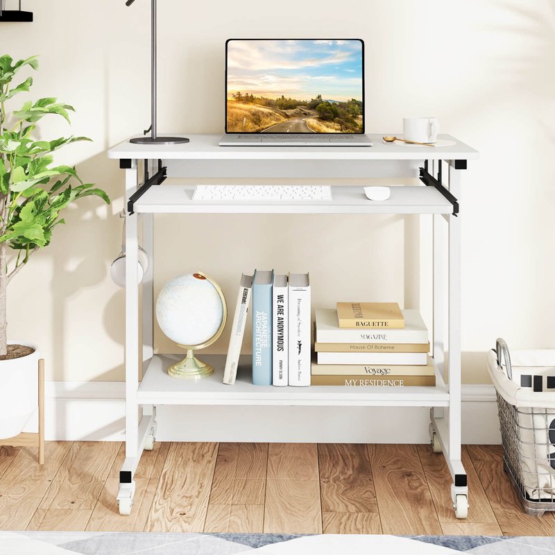 Mobile Laptop Desk with Keyboard Tray & Hooks, Lower Shelf, Wheels, White