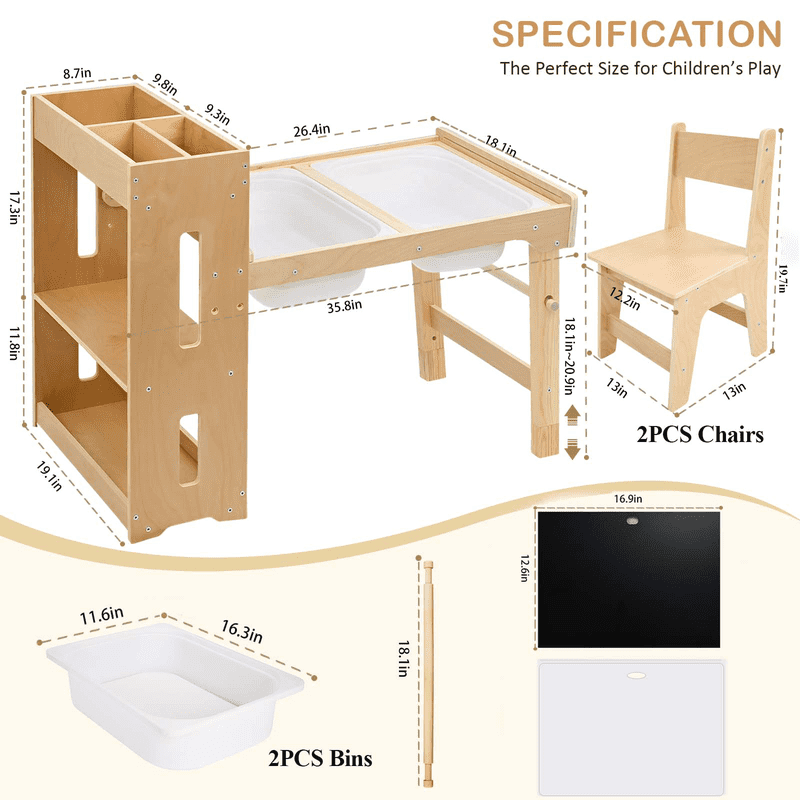 Adjustable Height Kids Activity Table with Storage Shelves and Chairs - Toddler Play Desk