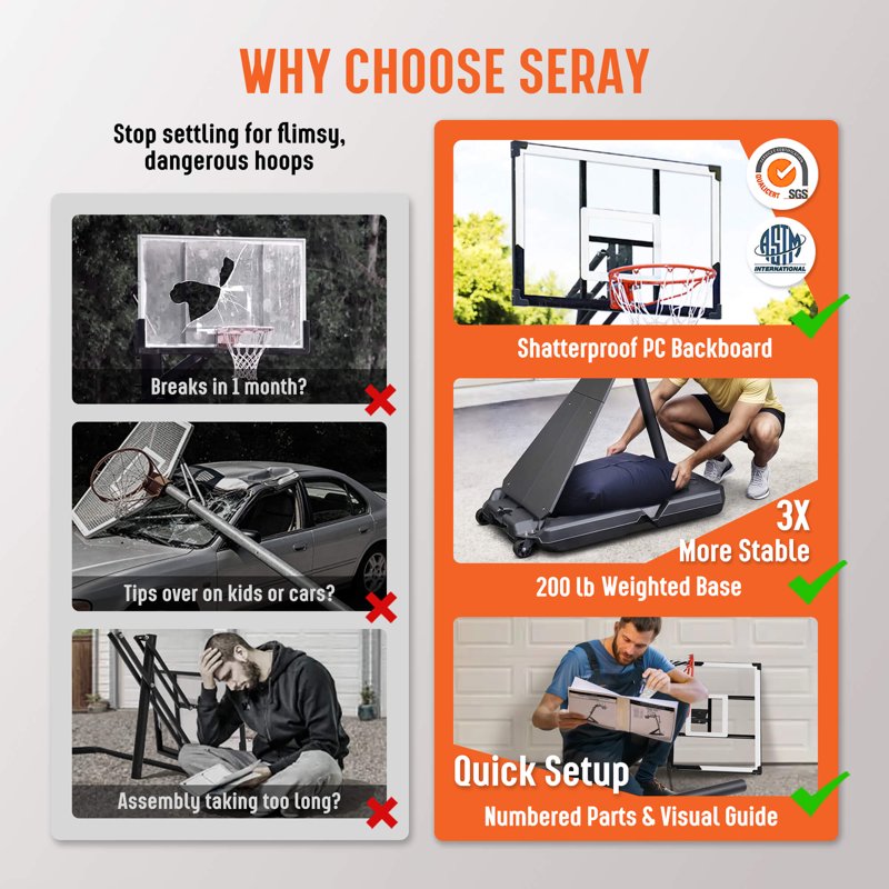 Adjustable Portable Basketball Hoop with 44-Inch Backboard for Indoor & Outdoor Play