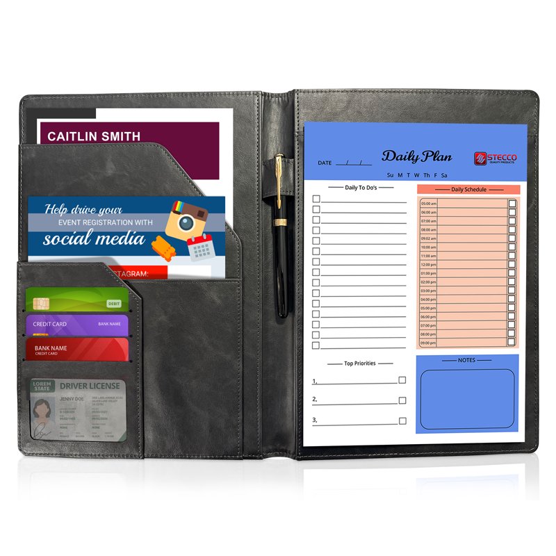 Leather Portfolio with Notepad and Card Slots - Black Professional Padfolio